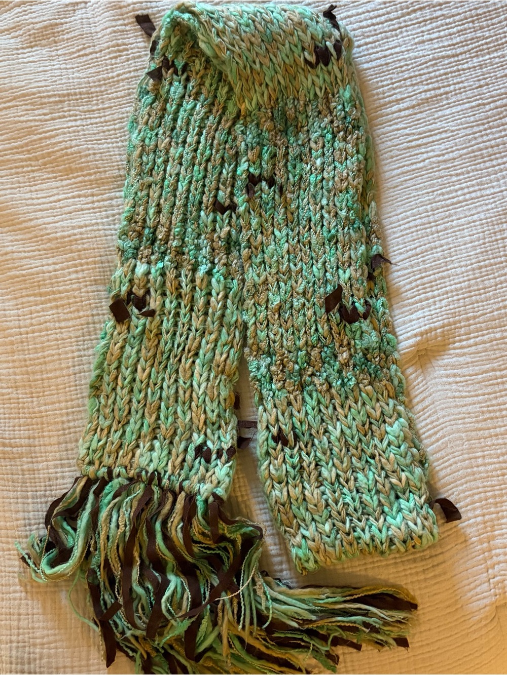 Anthropologie Mint Green/Brown Chunky Knit Scarf with Fringe